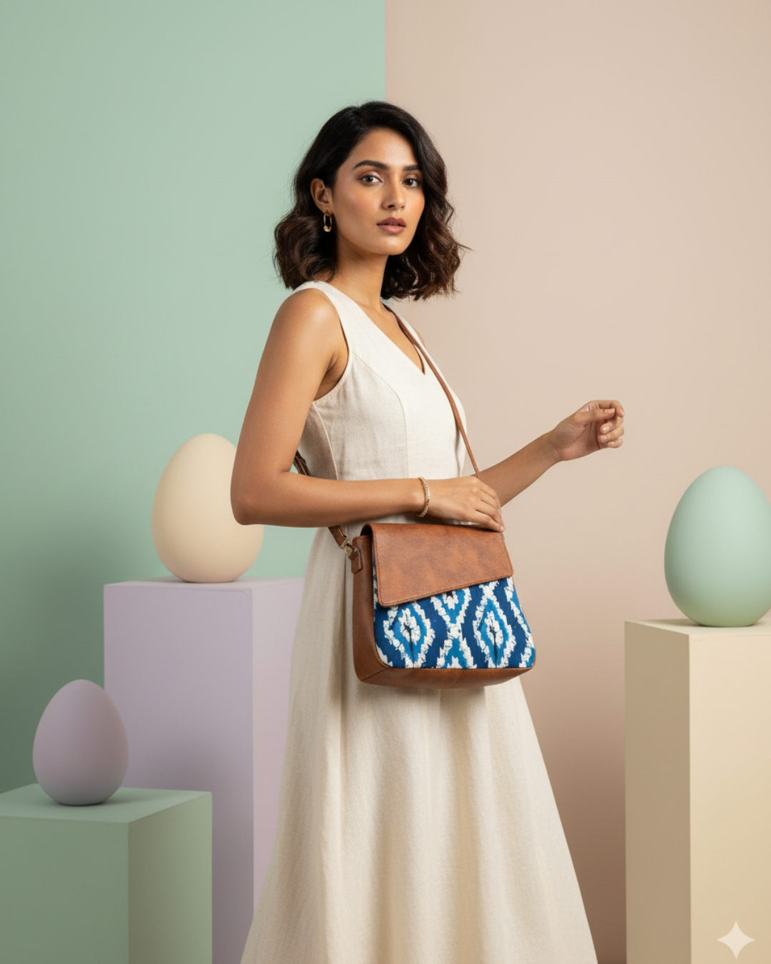 Trendy Printed Cotton Flap Sling Bag - Blue Weave - Surovi Bags