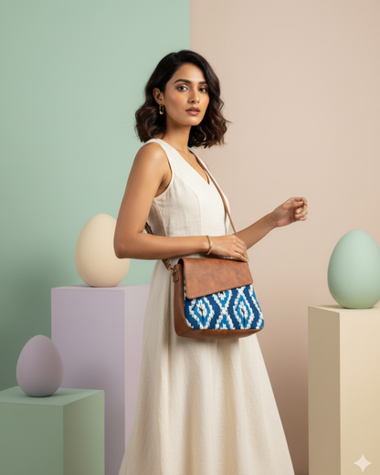 Trendy Printed Cotton Flap Sling Bag - Blue Weave - Surovi Bags