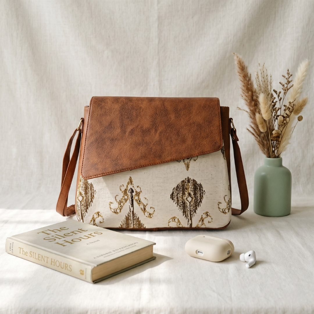 Trendy Printed Cotton Flap Sling Bag - White