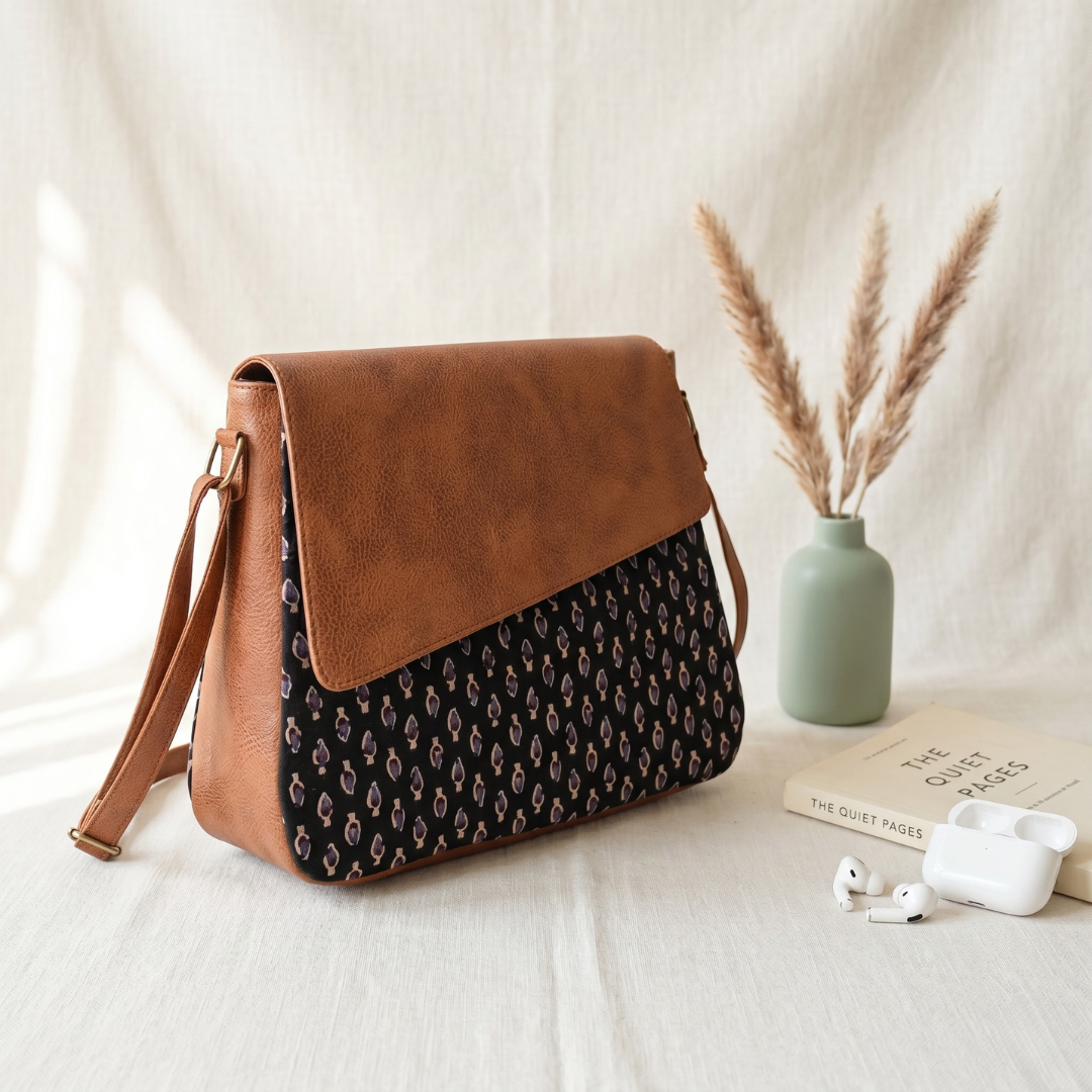 Trendy Printed Cotton Flap Sling Bag - Black Butti