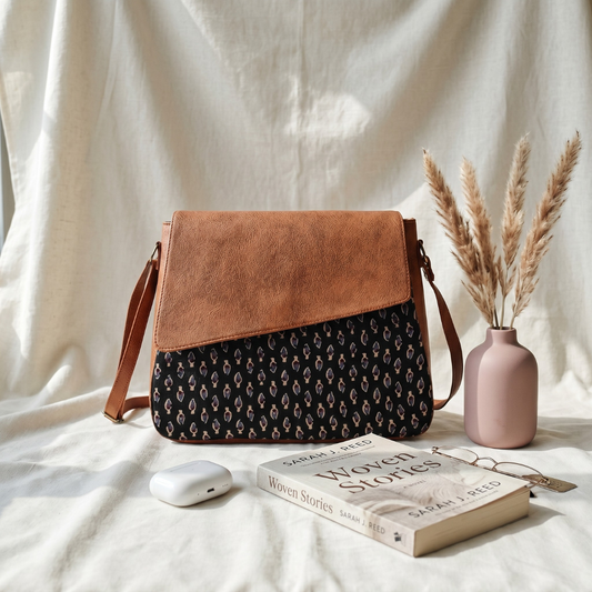 Trendy Printed Cotton Flap Sling Bag - Black Butti - Surovi Bags