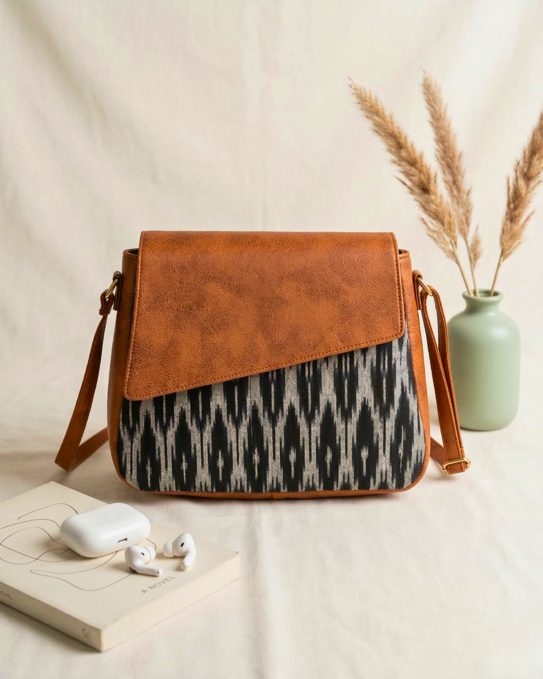 Trendy Printed Cotton Flap Sling Bag - Black Weave - Surovi Bags
