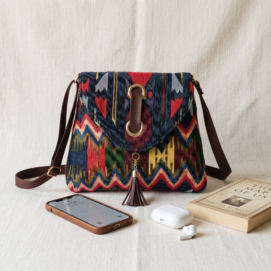 Jacquard Flap Sling Bag 3.0 - Black Tribal Weave