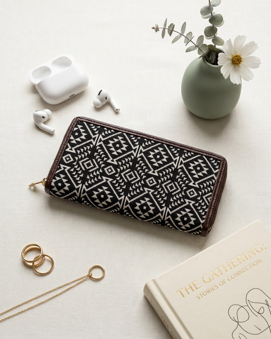 Double Zip Jacquard Wallet for Secure and Organized Storage - Black Weave - Surovi Bags