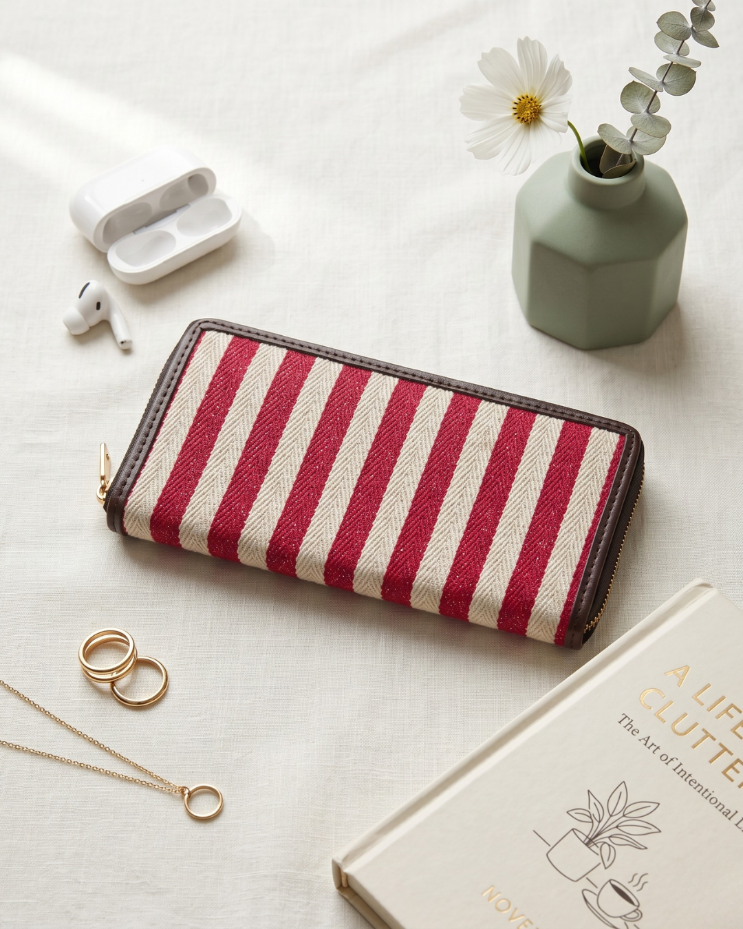 Double Zip Jacquard Wallet for Secure and Organized Storage - Red Strips - Surovi Bags