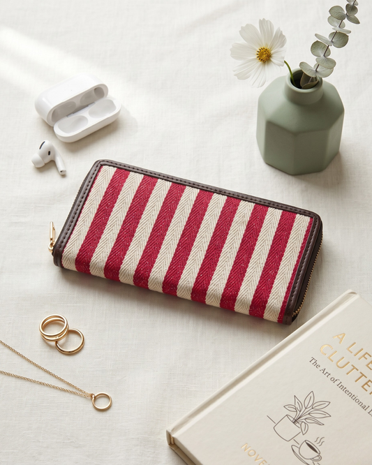Double Zip Jacquard Wallet for Secure and Organized Storage - Red Strips - Surovi Bags