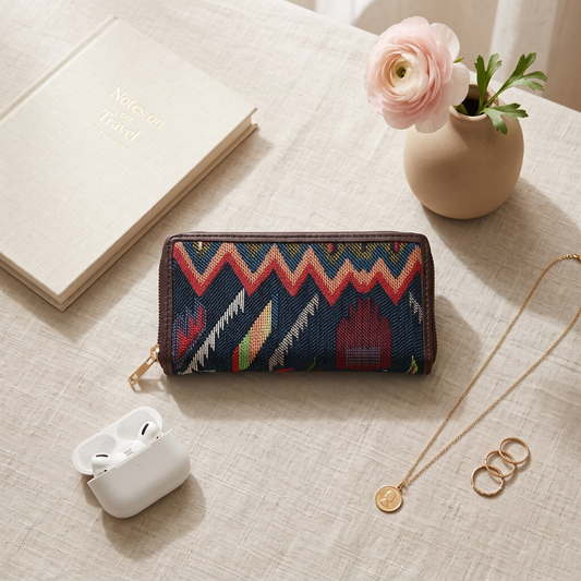 Double Zip Jacquard Wallet for Secure and Organized Storage - Black Tribal Weave