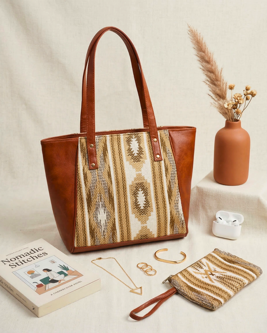 Premium Jacquard Handbag - Tote for Office &; Daily Use with Free Phone Pouch - Yellow Weave