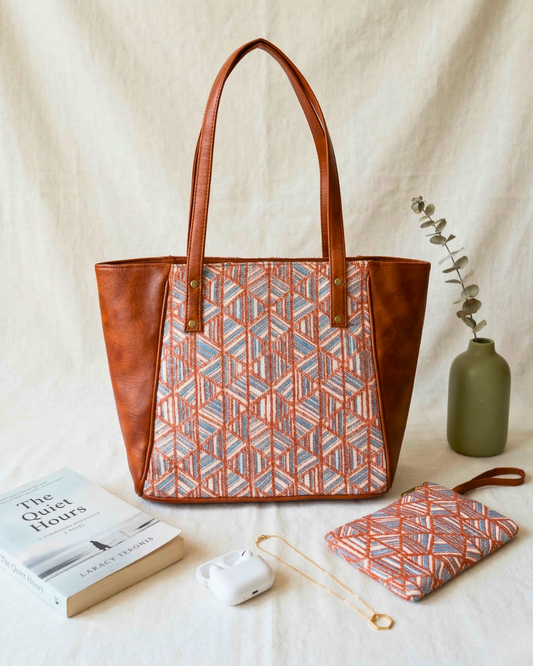 Premium Jacquard Handbag - Tote for Office &; Daily Use with Free Phone Pouch - Orange Weave (Copy)