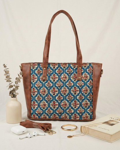 Premium Printed Jute Handbag for Women - Blue Motif - Surovi Bags
