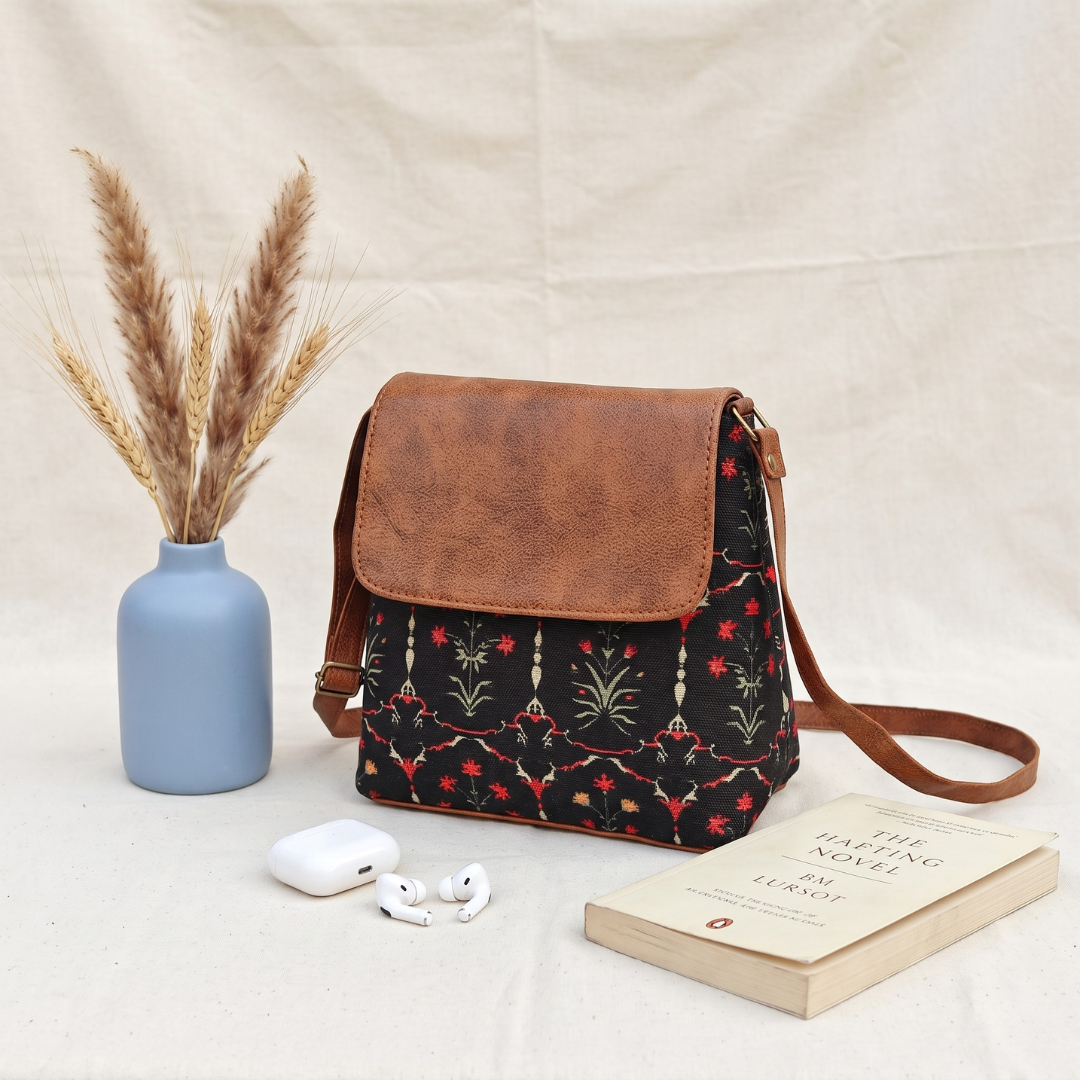 Cross Body Flap Sling - Black Motif - Surovi Bags