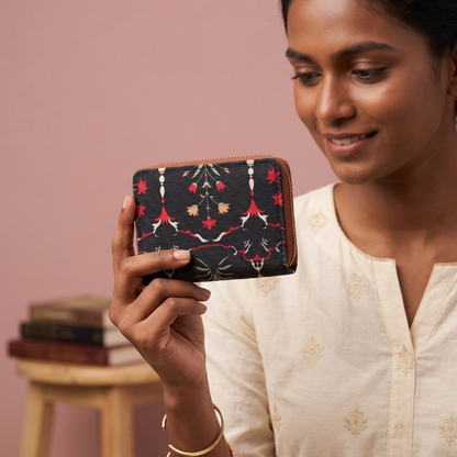Jute Foldable Pocket Wallet For Women - Mughal Motif
