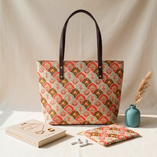 Everyday Tote bag and Pouch Combo - Mughal Motif - Surovi Bags