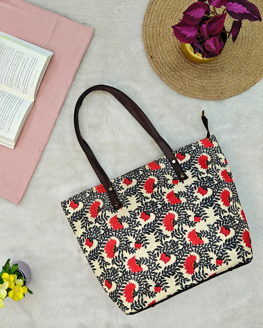 Trendy Handmade Laptop Tote Bag - Red Flower