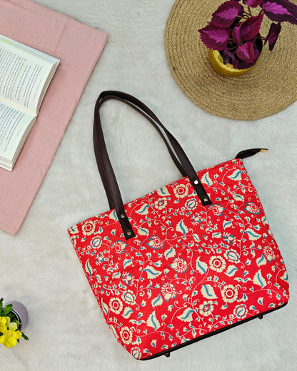 Trendy Handmade Laptop Tote Bag - Red Kalamkari