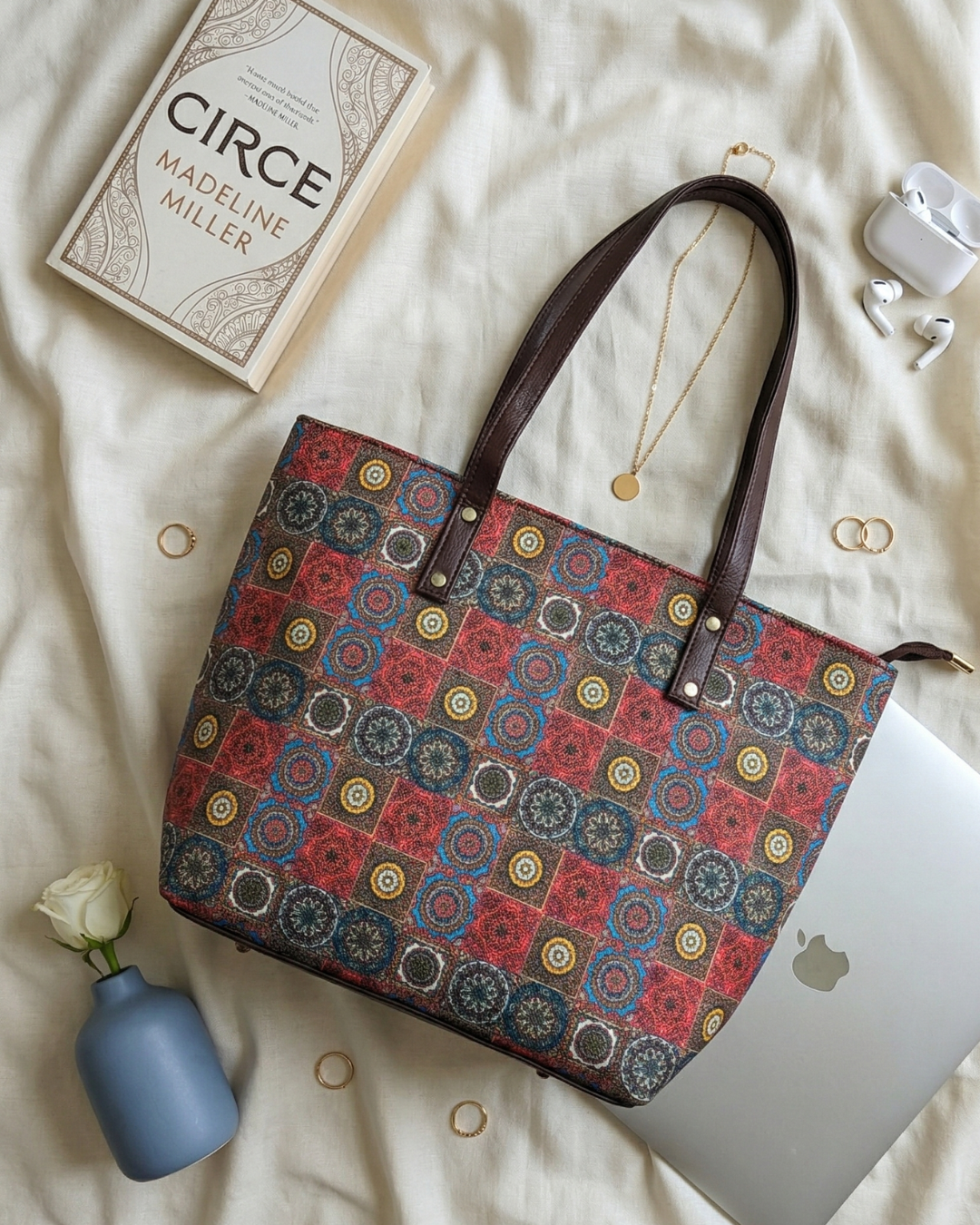 Trendy Handmade Laptop Tote Bag - Multi Color Mandala - Surovi Bags