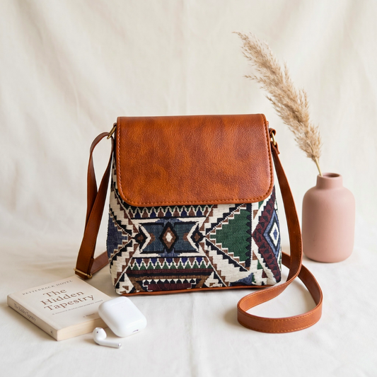 Jacquard Cross Body Flap Sling - Green Tribal Weave