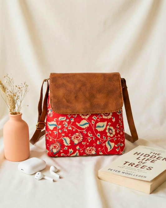 Cross Body Flap Sling - Red Kalamkari - Surovi Bags