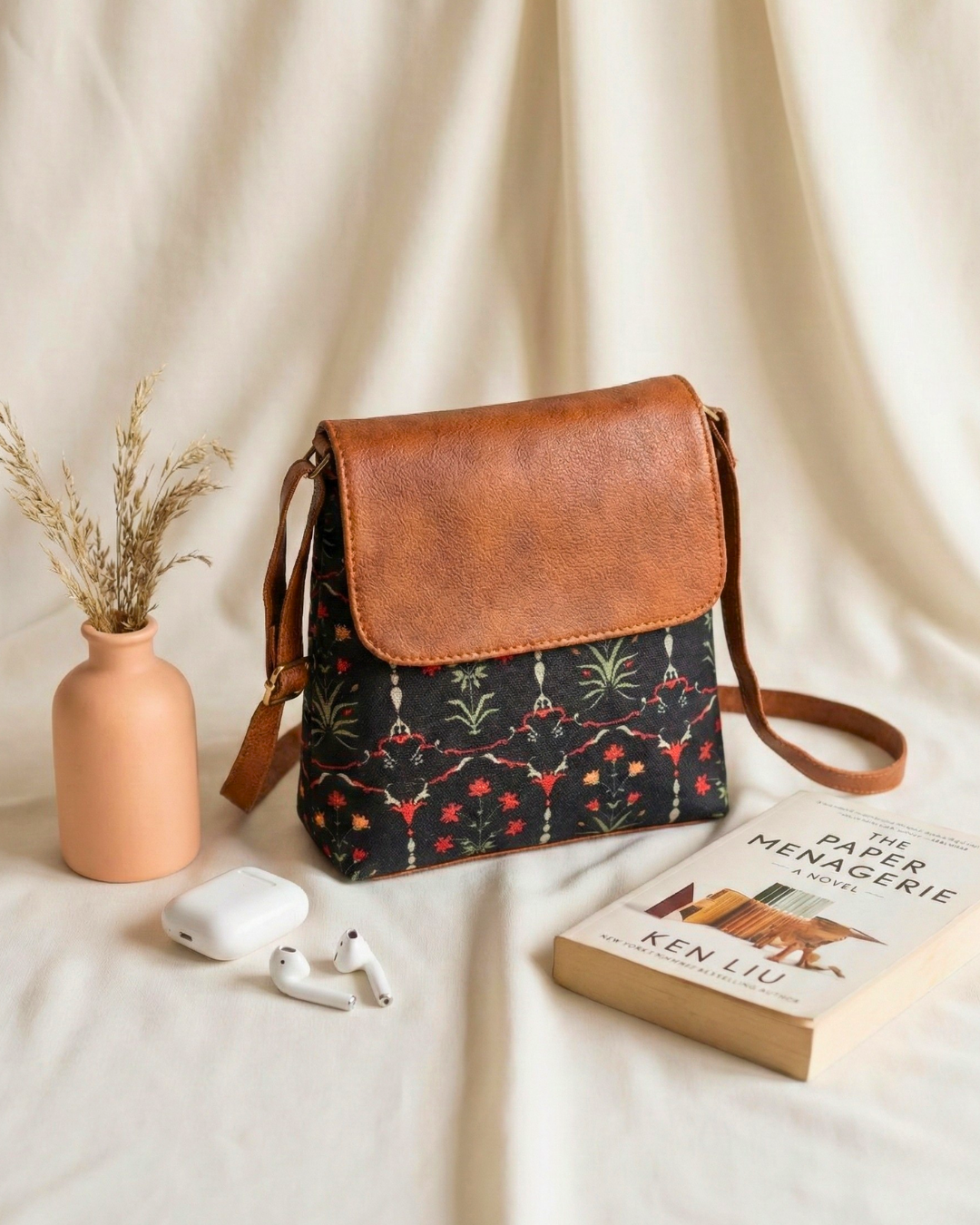 Cross Body Flap Sling - Black Motif - Surovi Bags