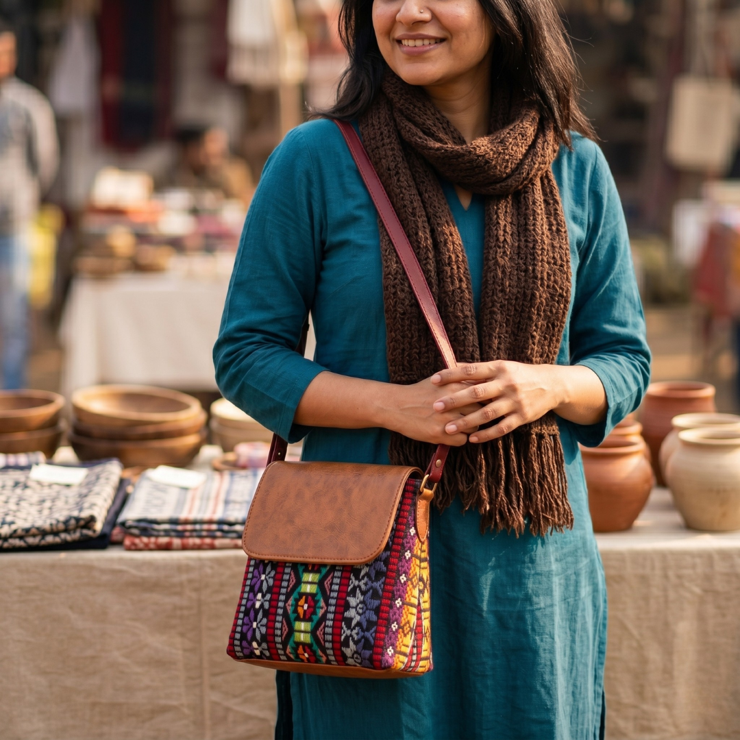 Jacquard Cross Body Flap Sling - Multi Color Weave - Surovi Bags
