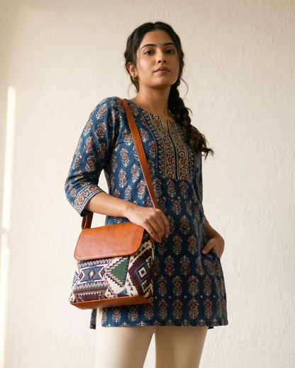 Jacquard Cross Body Flap Sling - Green Tribal Weave