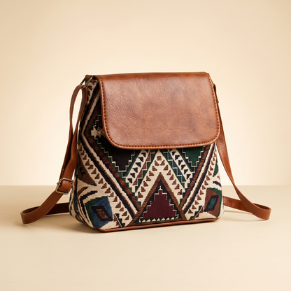 Jacquard Cross Body Flap Sling - Green Tribal Weave