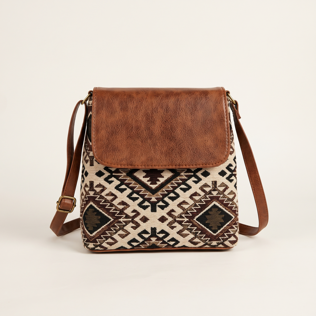 Jacquard Cross Body Flap Sling - Beige Weave