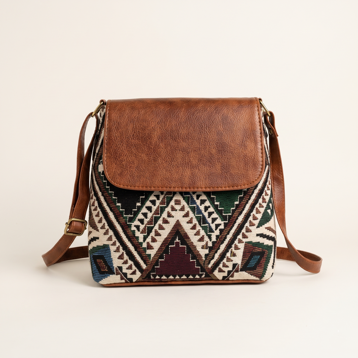 Jacquard Cross Body Flap Sling - Green Tribal Weave