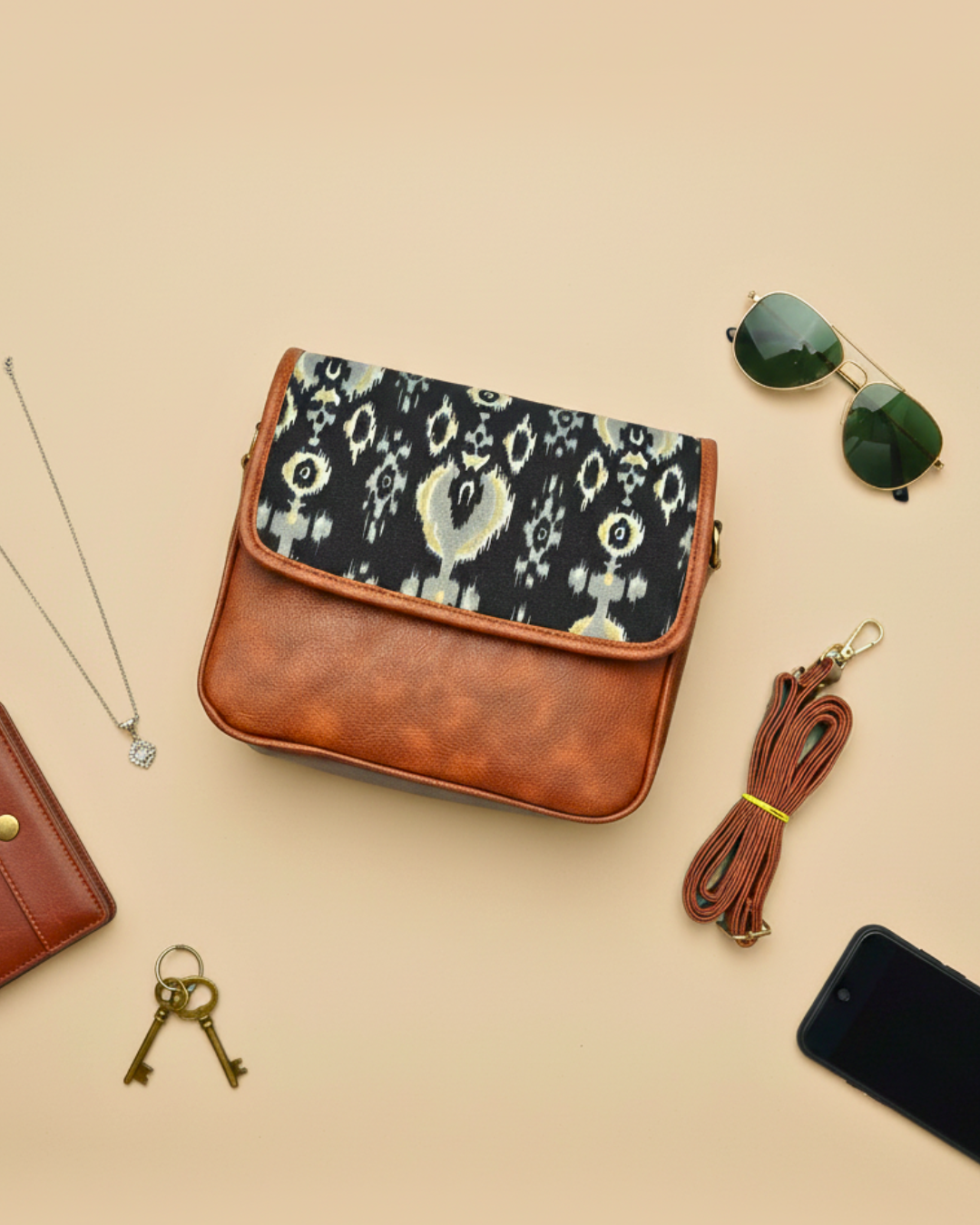 Trendy Printed Flap Sling Bag for Women - Black