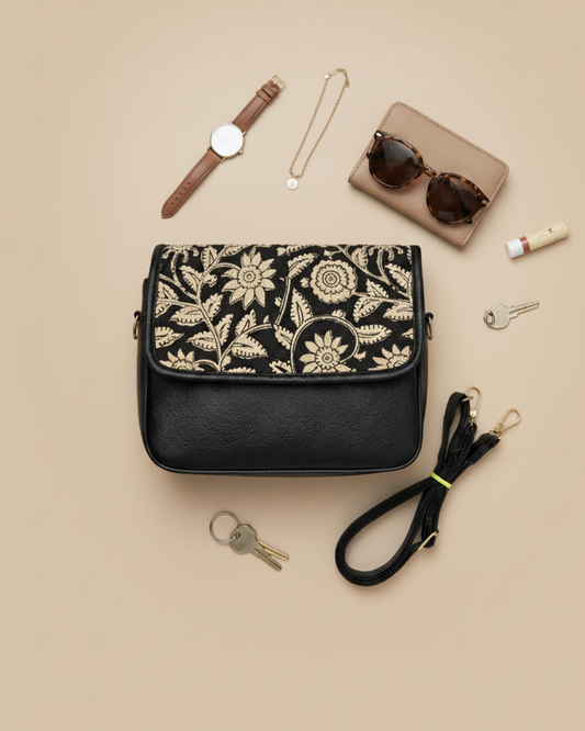 Trendy Printed Flap Sling Bag for Women - Black Kalamkari