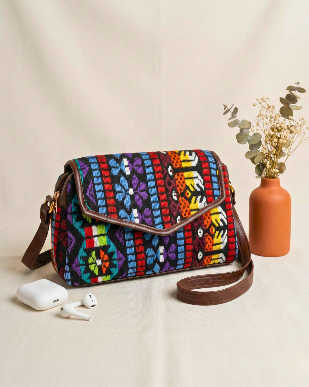 Handmade Jacquard Sling Bag for Women - Black Multiweave