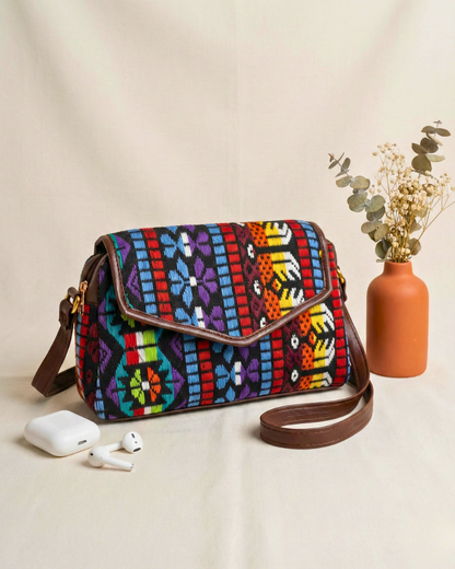 Handmade Jacquard Sling Bag for Women - Black Multiweave