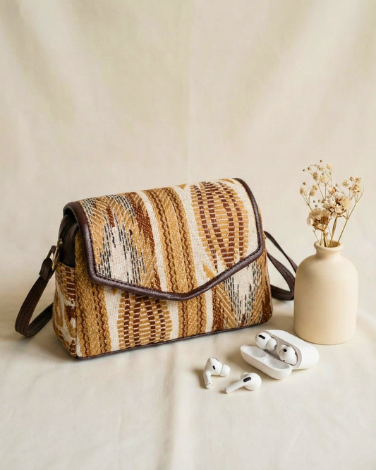 Handmade Jacquard Sling Bag for Women - Beige Weave