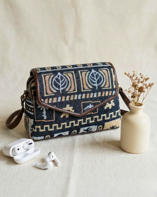 Handmade Jacquard Sling Bag for Women - Blue Tribal Weave