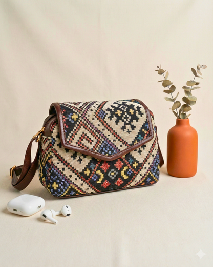 Handmade Jacquard Sling Bag for Women - Rhombus Blue Weave