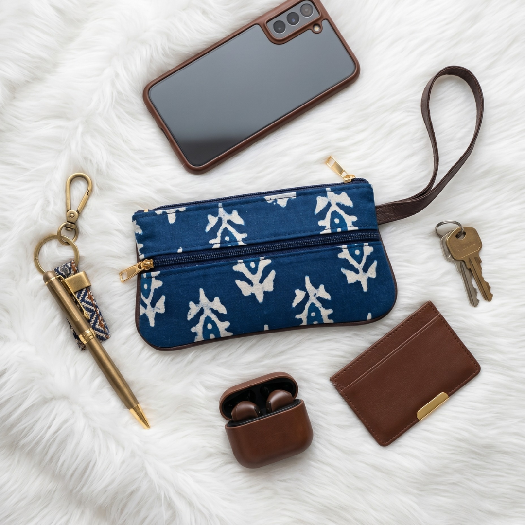 Multi Zipper Mobile Pouch For Women - Blue Block Print - Surovi Bags