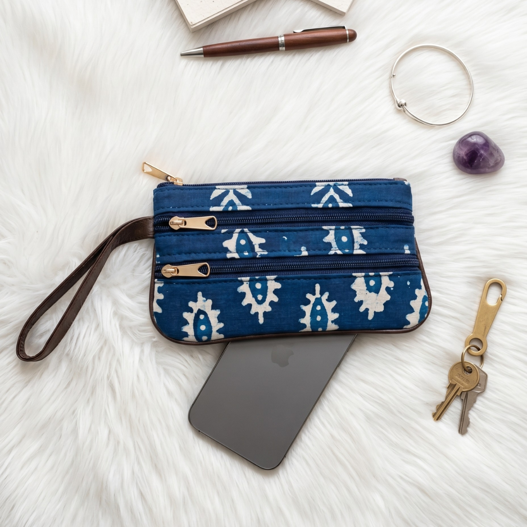 Multi Zipper Mobile Pouch For Women - Blue Block Print - Surovi Bags