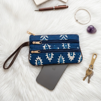 Multi Zipper Mobile Pouch For Women - Blue Block Print - Surovi Bags
