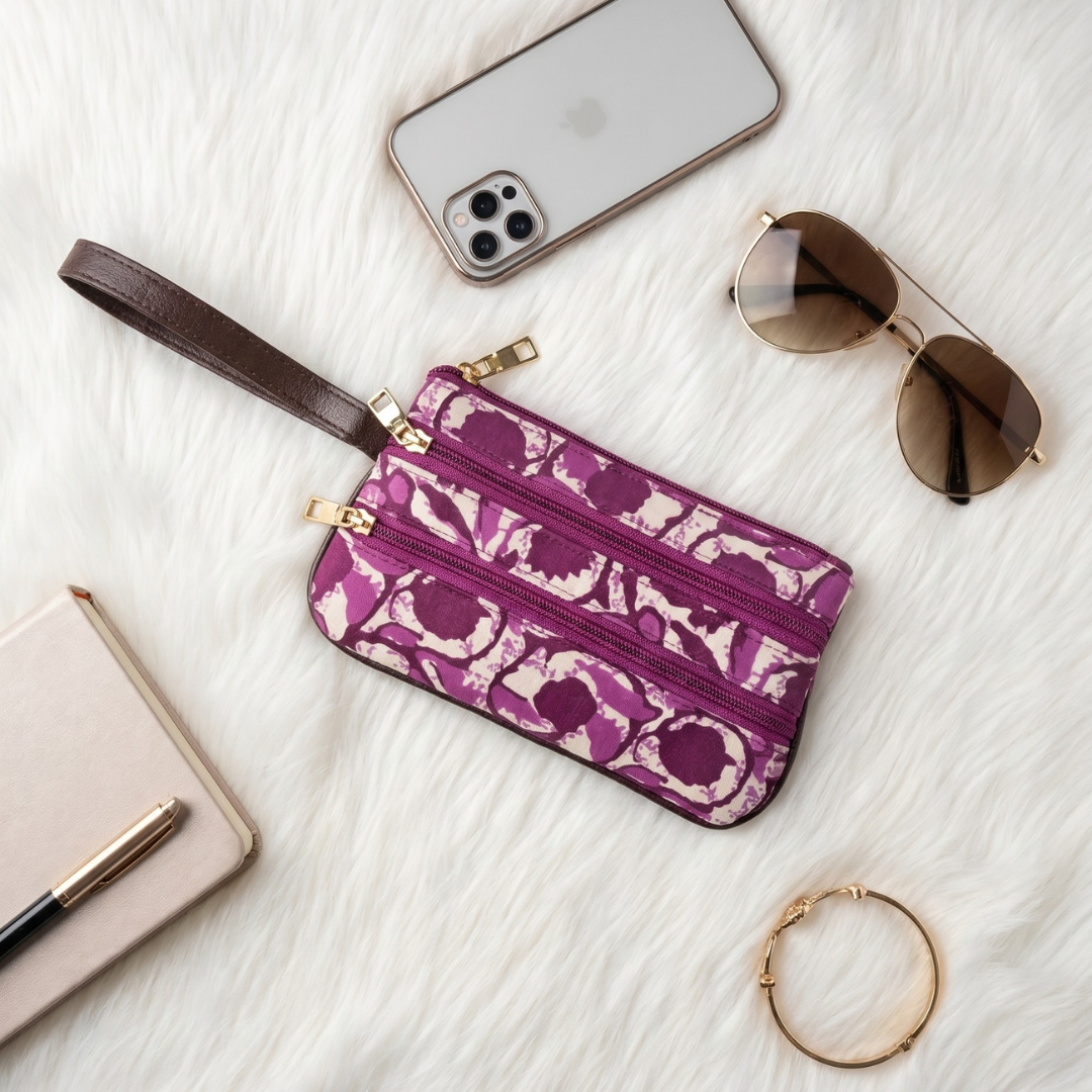 Multi Zipper Mobile Pouch For Women - Purple Block Print - Surovi Bags