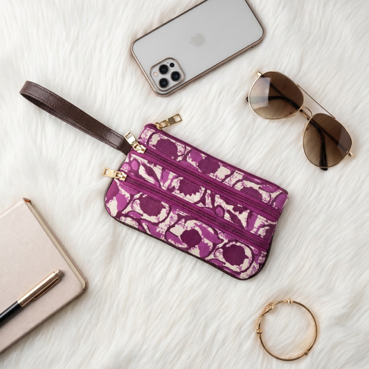 Multi Zipper Mobile Pouch For Women - Purple Block Print