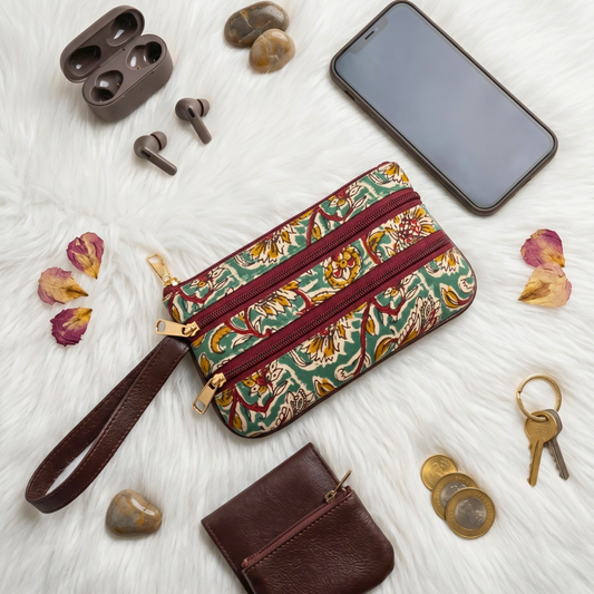Multi Zipper Mobile Pouch For Women - Green Kalamakri