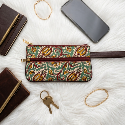 Multi Zipper Mobile Pouch For Women - Green Kalamakri - Surovi Bags