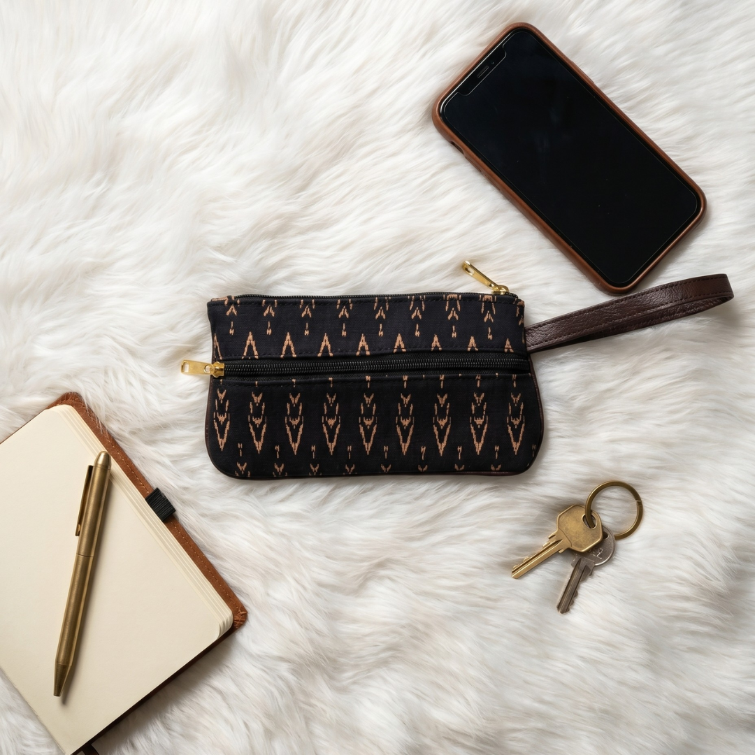 Multi Zipper Mobile Pouch For Women - Black Strips - Surovi Bags
