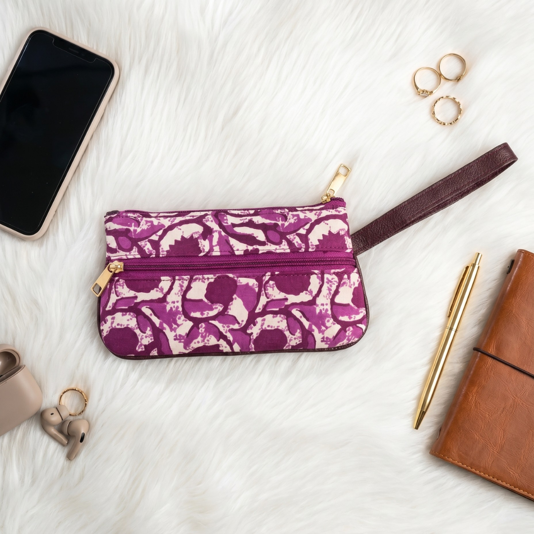Multi Zipper Mobile Pouch For Women - Purple Block Print - Surovi Bags
