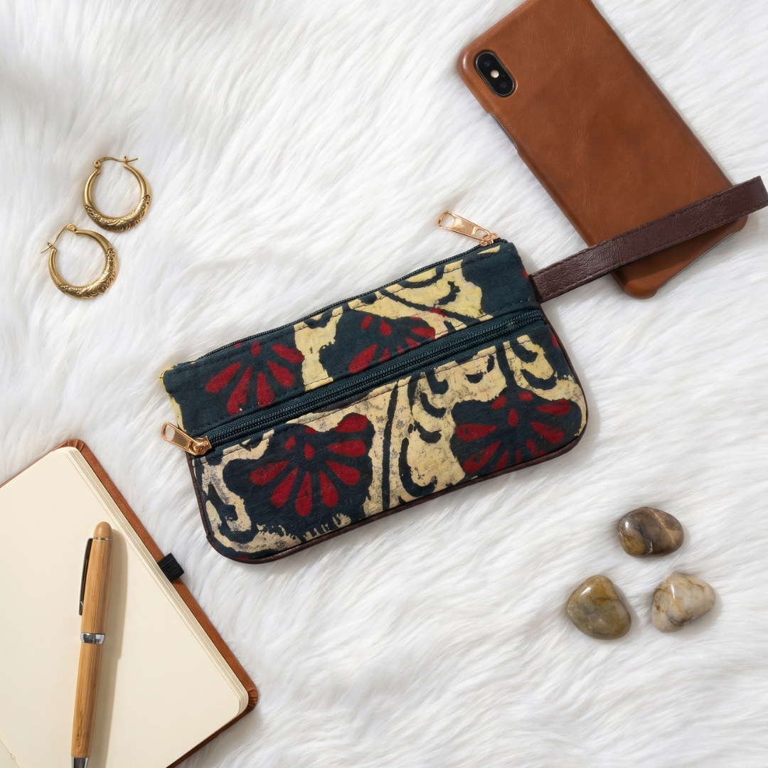 Multi Zipper Mobile Pouch For Women - Beige - Surovi Bags