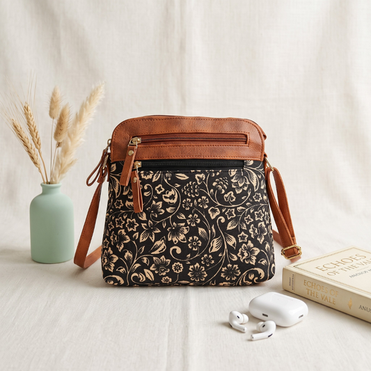 Jute Multi-zipper Sling Bag For Women - Kalamkari - Surovi Bags
