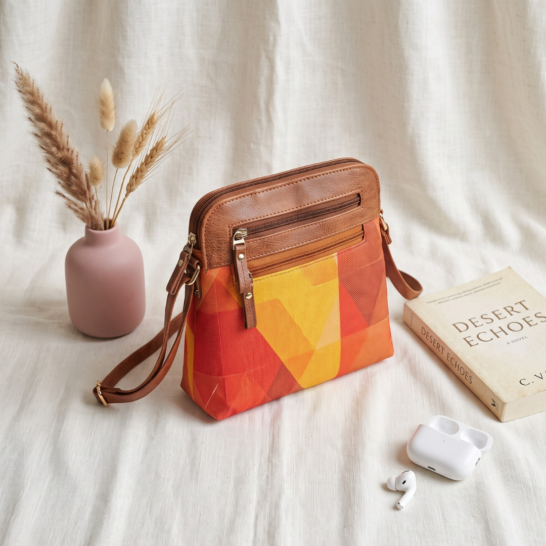 Jute Multi-zipper Sling Bag For Women - Abstract