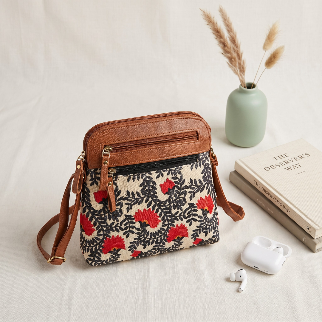 Jute Multi-zipper Sling Bag For Women - Red Flower - Surovi Bags