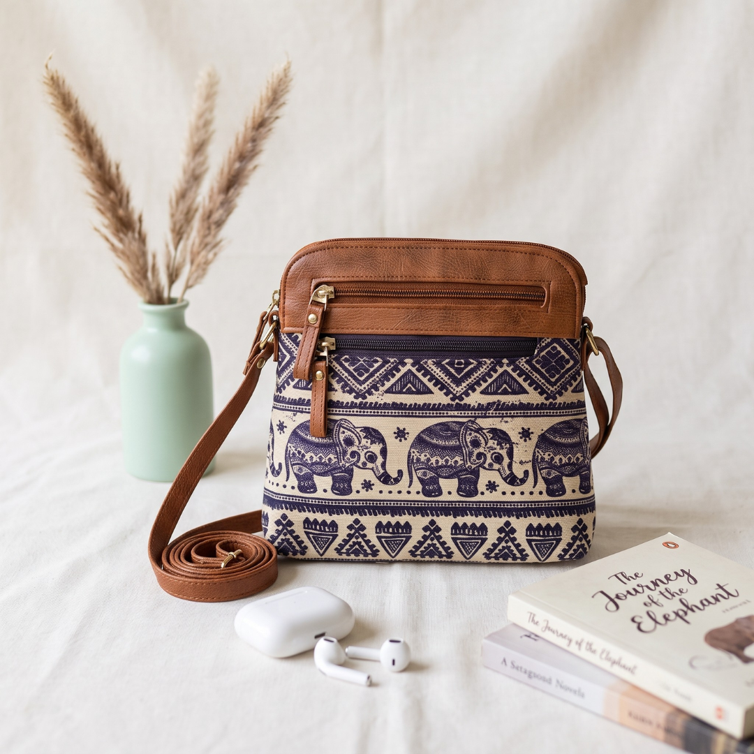 Jute Multi-zipper Sling Bag For Women - Elephant - Surovi Bags