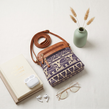 Jute Multi-zipper Sling Bag For Women - Elephant - Surovi Bags
